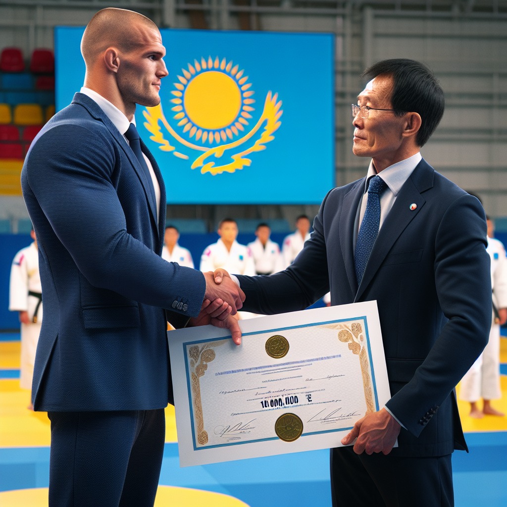Елдос Сметов получает сертификат на 10 миллионов тенге для подготовки и базы