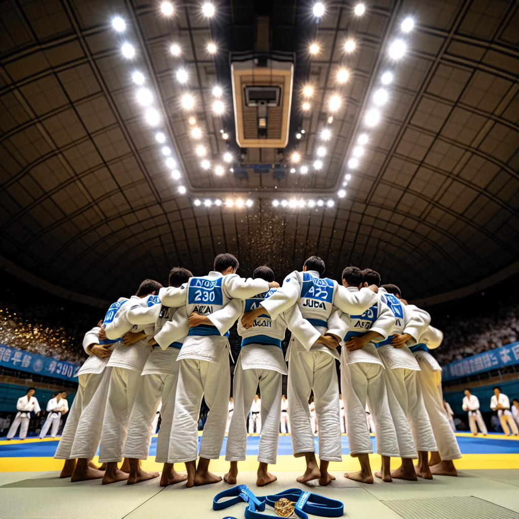 Казахстанские дзюдоисты празднуют командное золото Сурдлимпиады в Японии с флагом Казахстана на татами